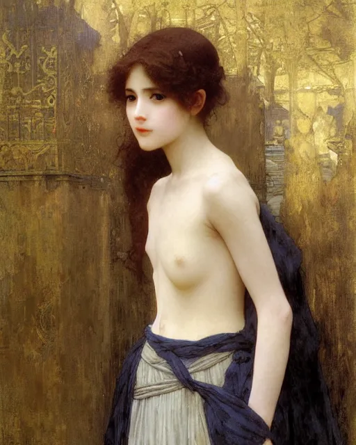 Image similar to beautiful anime style girl, she is standing in the middle of a palace, realistic painting, by Edgar Maxence and William-Adolphe Bouguereau