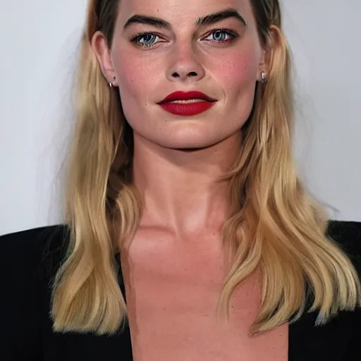 Image similar to a woman who is a genetic combination of margot robbie and emma watson face and upper - body focus