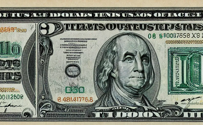 Prompt: rectangular photograph of one hundred dollar u. s. currency note featuring franklin