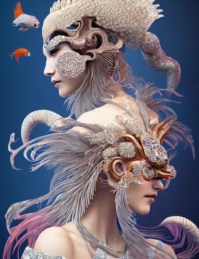 Image similar to 3 d goddess in robe close - up profile portrait with ram skull. beautiful intricately detailed japanese crow kitsune mask and clasical japanese kimono. betta fish, jellyfish phoenix, bio luminescent, plasma, ice, water, wind, creature, artwork by tooth wu and wlop and beeple and greg rutkowski