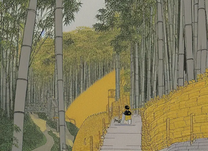 Image similar to japanese yellow fortress in a city inside the bamboo forest by studio ghibli painting