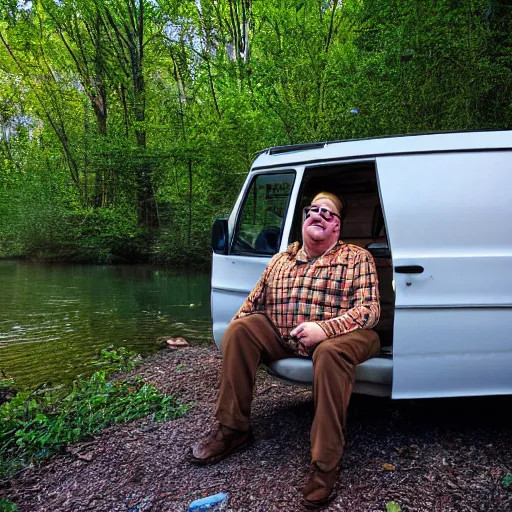 Prompt: Matt Foley living in a van down by the River, EOS 5D, ISO100, f/8, 1/125, 84mm, RAW Dual Pixel, Dolby Vision, HDR, TMZ, Featured