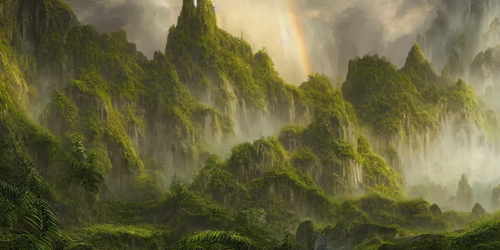 Image similar to a beautiful detailed matte painting of a rainbow crystal with ferns growing out of it, pattern, fractals, raphael lacoste, trending on artstation