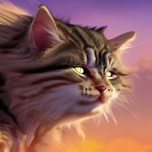 Image similar to colossal fluffy tabby cat going super saiyan, golden hour, fantasy, sharp focus, digital art, hyper realistic, 4 k, unreal engine, highly detailed, hd, dramatic lighting by brom, trending on artstation