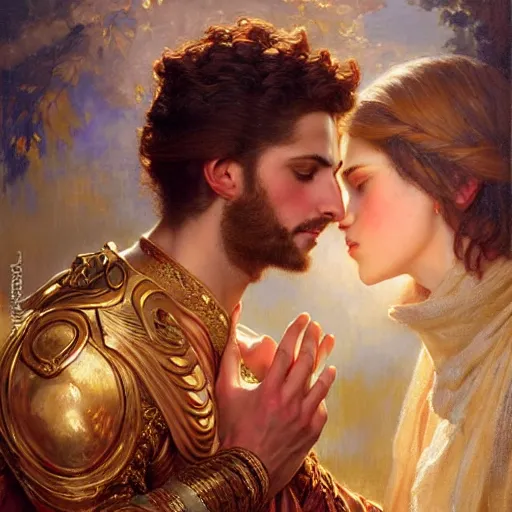 Image similar to attractive fully clothed king confesses his love for his attractive fully clothed male prince. highly detailed painting by gaston bussiere, tom bagshaw, j. c. leyendecker