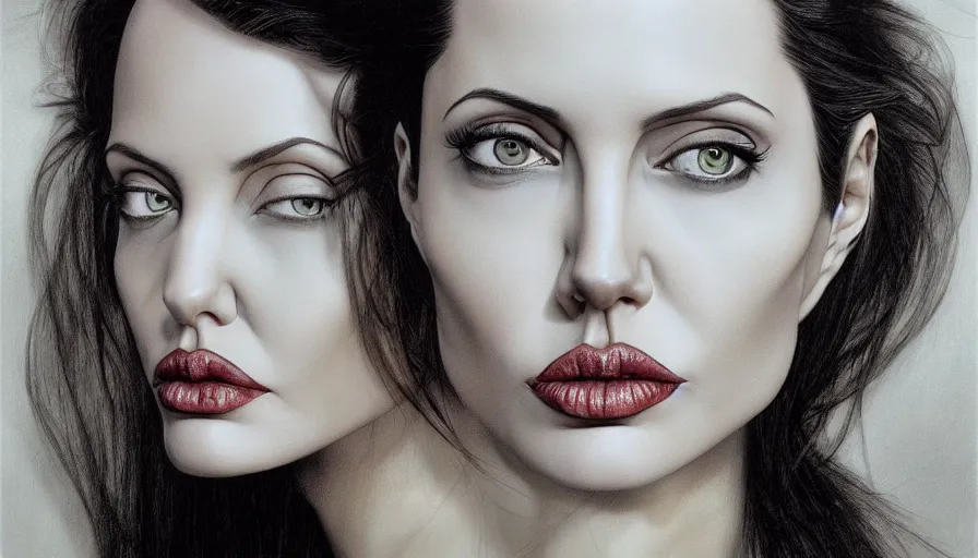 Image similar to angelina jolie by roger dean, by hr giger, profile portrait, hyper detailed, hyperrealism, deviantart, artstation, 4 k, highly detailed, vray rendering, unreal engine