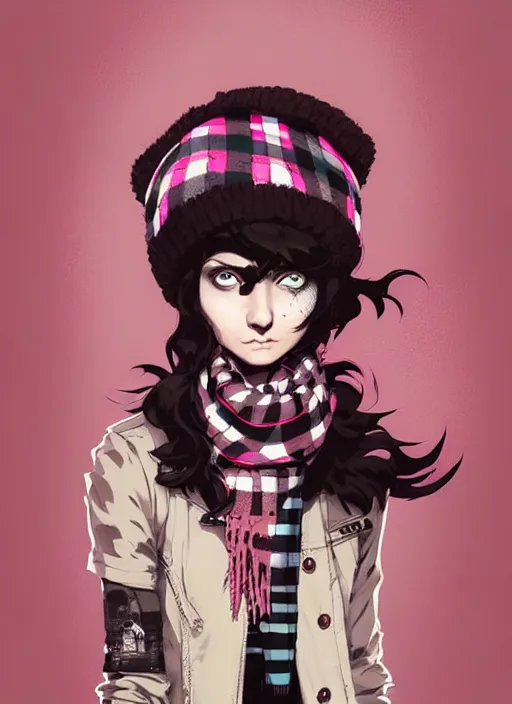 Prompt: highly detailed portrait of a sewer ( ( emo punk ) ) lady student, beanie, pink eyes, tartan scarf, curly hair by atey ghailan, by greg rutkowski, by greg tocchini, by james gilleard, by joe fenton, by kaethe butcher, gradient pink, black, brown and cream color scheme, grunge aesthetic!!! graffiti tag wall background