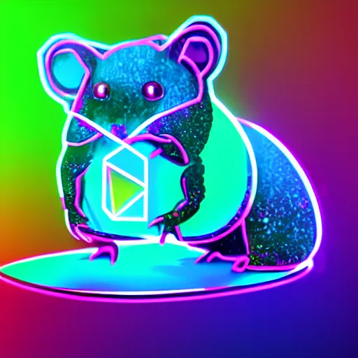 Image similar to cyberpunk hamster! holding rainbow! gem! crystal, neon lights, light reflection, logo, 8 k, hd