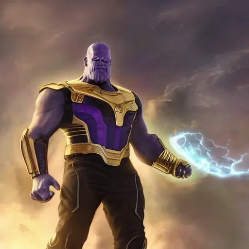 Image similar to thanos with the infinity gauntlet on a battlefield, artstation hall of fame gallery, editors choice, #1 digital painting of all time, most beautiful image ever created, emotionally evocative, greatest art ever made, lifetime achievement magnum opus masterpiece, the most amazing breathtaking image with the deepest message ever painted, a thing of beauty beyond imagination or words