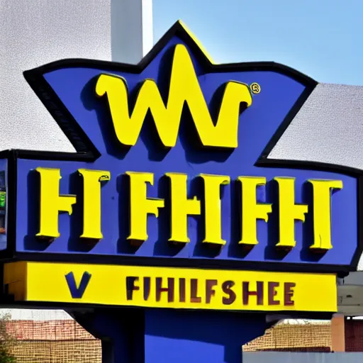 Image similar to wafflehouse employee's standing below wafflehouse sign, employees uniform is blue and black with yellow name tags