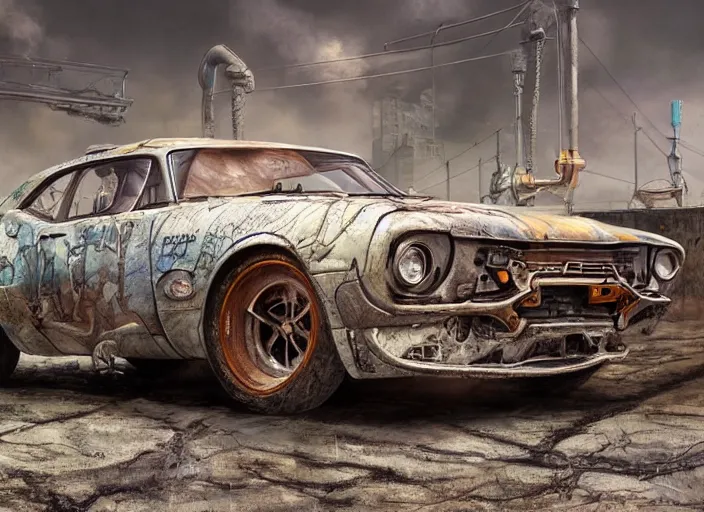 Image similar to realistically detailed concept art real pastel painting of a real gaspunk muscle car in full intricate detail, ultra detailed, realistic digital art, octane render, 4K, dystopian, micro details