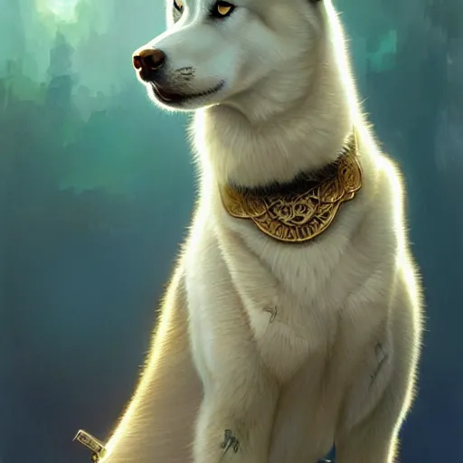 Image similar to beautiful detailed picture of a husky, radiant light, art nouveau, intricate, elegant, highly detailed, my rendition, digital painting, artstation, concept art, smooth, sharp focus, illustration, art by artgerm and greg rutkowski and alphonse mucha