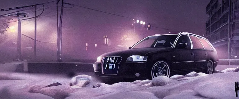 Image similar to Audi A4 B6 Avant (2002), a gritty neo-noir, dramatic lighting, cinematic, eerie person silhouette, death, homicide, homicide in the snow, gunshots, establishing shot, extremely high detail, photorealistic, cinematic lighting, artstation, by simon stalenhag, Max Payne (PC) (2001) winter new york at night, Max Payne 2 graphic novel style, flashing lights, Poets of the Fall - Late Goodbye