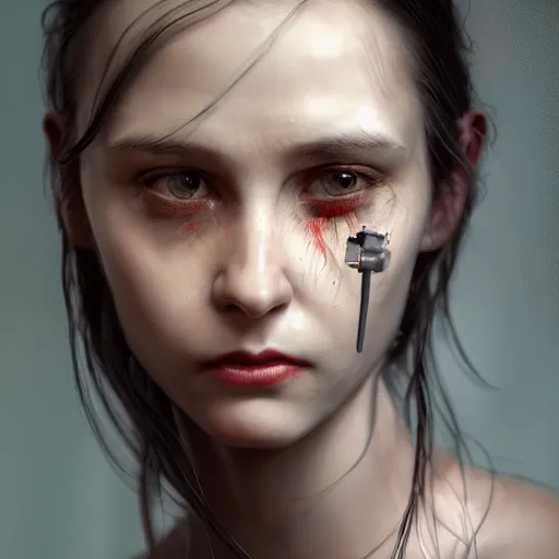 Prompt: I've had a rough day, healthcare worker, nurse, perfect eyes, full body shot, portrait, sad, tiredfantasy, beautiful face, medieval, vivid colors, elegant, concept art, sharp focus, digital art, Hyper-realistic, 4K, Unreal Engine, Highly Detailed, HD, Dramatic Lighting by Brom, trending on Artstation