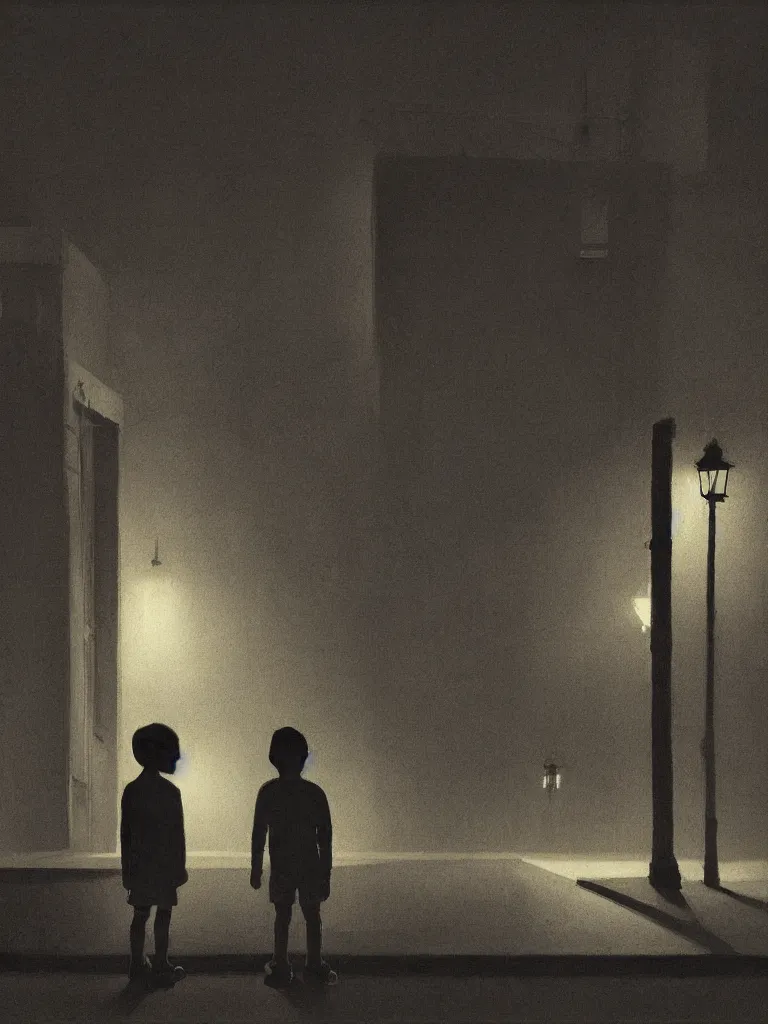 Prompt: two kids posing for a picture at night, dark, backlighting, small village, town square, artwork by edward hopper, james gilleard, zdzislaw beksinski, noir, atmospheric