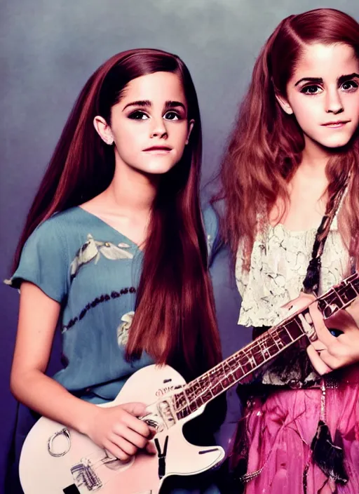 Image similar to beautiful, award winning photo of ariana grande and emma watson as a 1 9 7 0 s rock and roll guitarists. live at woodstock, symmetrical eyes, 8 k, studio lighting t
