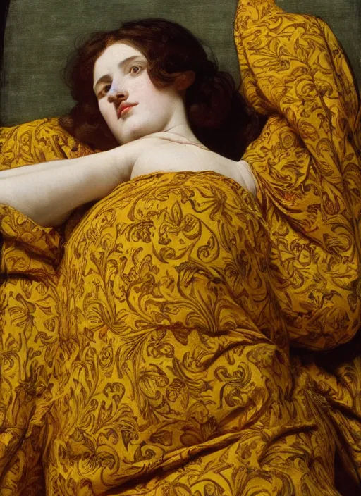 Image similar to masterpiece portrait of lady reclining on bed wearing yellow ochre ornate medieval dress, vertical, foreshortening, colour photography by frederic leighton, william morris, 8 k