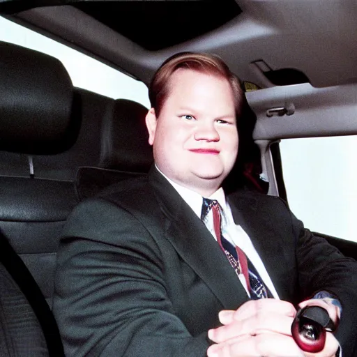 Image similar to 1 9 9 8 andy richter wearing a black wool coat and necktie in his car driving through the streets of chicago at night, pov back seat of car, cozy atmosphere
