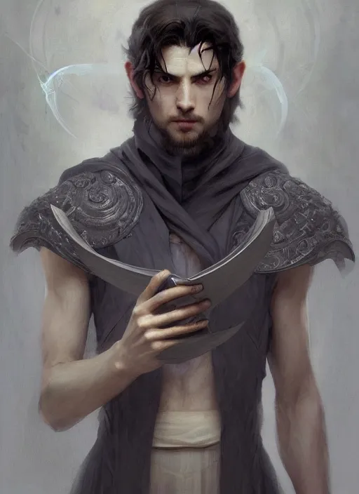 Image similar to character concept portrait of an attractive young angered Spanish wizard with pale grey skin enchanting a death spell, a floating iridescent spell book in the center, intricate, elegant, digital painting, concept art, smooth, sharp focus, illustration, from Metal Gear, by Ruan Jia and Mandy Jurgens and William-Adolphe Bouguereau, Artgerm