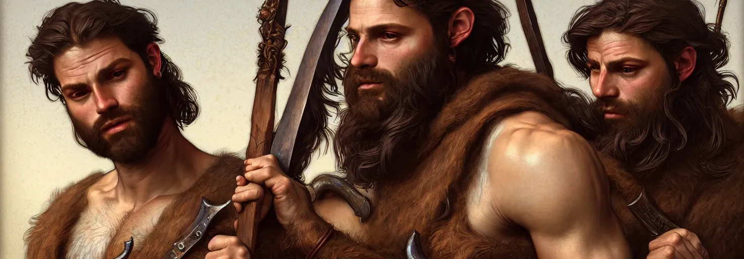 Prompt: renaissance upper body portrait of a gruff ranger with a spear, irish, lean and toned, handsome face, hairy chest, D&D, intricate, elegant, highly detailed, digital painting, artstation, concept art, matte, sharp focus, illustration, art by da Vinci, Artgerm and Greg Rutkowski and Alphonse Mucha