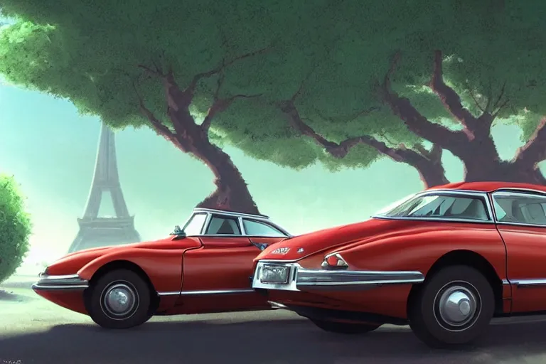 Image similar to a wholesome animation key shot of!! one!! focused!! 1 9 7 4 citroen ds!! in a tree lined beautiful paris street, medium shot, studio ghibli, ( pixar ) and disney animation, sharp, very detailed, high resolution, rendered in unreal engine 5, anime key art by greg rutkowski, bloom, dramatic lighting