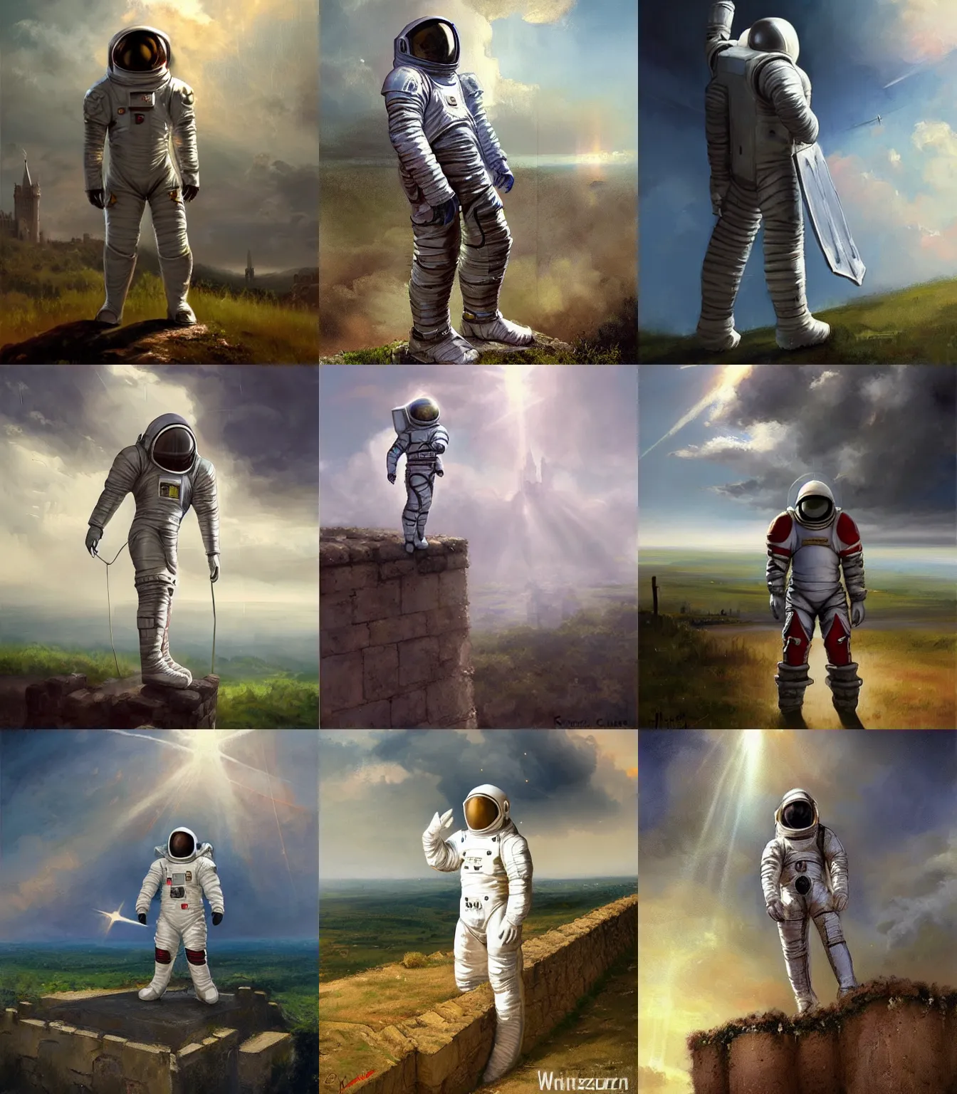 Prompt: Templar knight astronaut suit standing on top of a castle wall, Thunderclouds in the sky, sun shining through clouds, crepuscular rays, painting by krenz cushart, wlop wide angle view