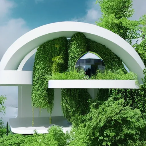 Image similar to white futuristic mage house covered in plants, hanging vines, floating on a cloud