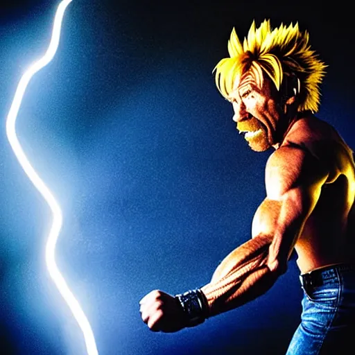 Prompt: uhd candid photo of cosmic chuck norris as a super sayian powering up, glowing, global illumination, studio lighting, radiant light, hyperdetailed, correct face, elaborate intricate costume. photo by annie leibowitz