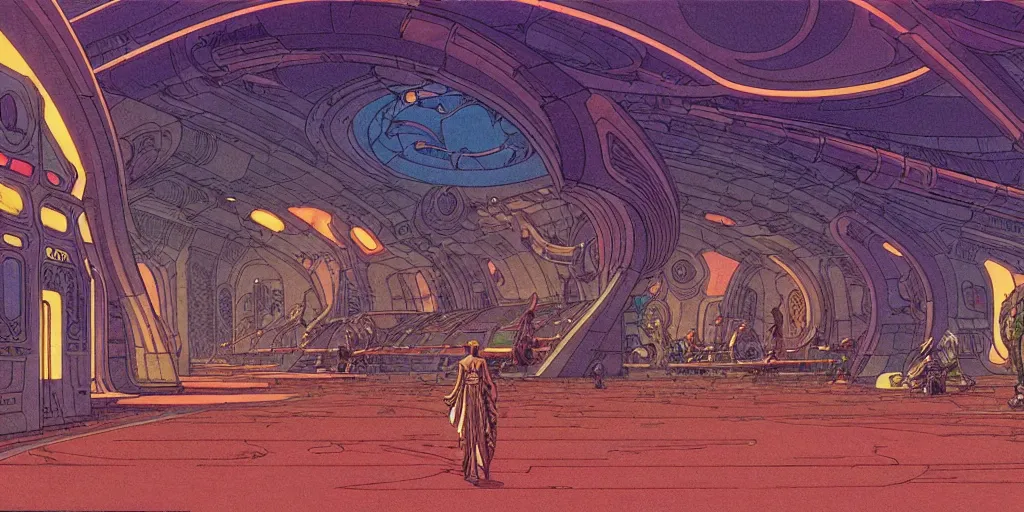 Prompt: cel shaded cinematic shot of the interior of a sci-fi space station with ornate Elven architecture bustling with various intelligent alien species, epic castle, emerald, crystalline, detailed illustration, sharp focus, crisp lines, art by Moebius, Jean Giraud Moebius comic illustration