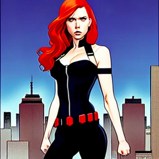 Image similar to phil noto comicbook cover art, black widow marvel, symmetrical eyes, long red hair, full body, city rooftop