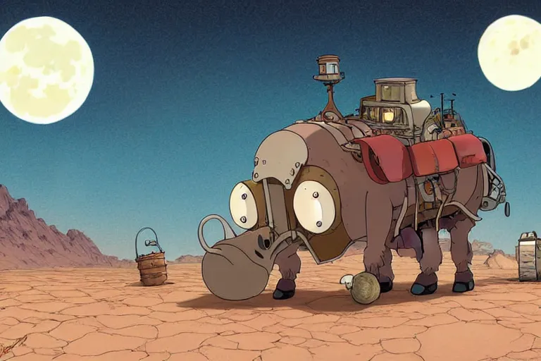 Prompt: a cell shaded cartoon of a lovecraftian mechanized burro from howl's moving castle ( 2 0 0 4 ), on a desert road, in front of a full moon, full body, wide shot, very muted colors, post grunge, studio ghibli, laurie greasley, highly detailed, deviantart, art by artgem