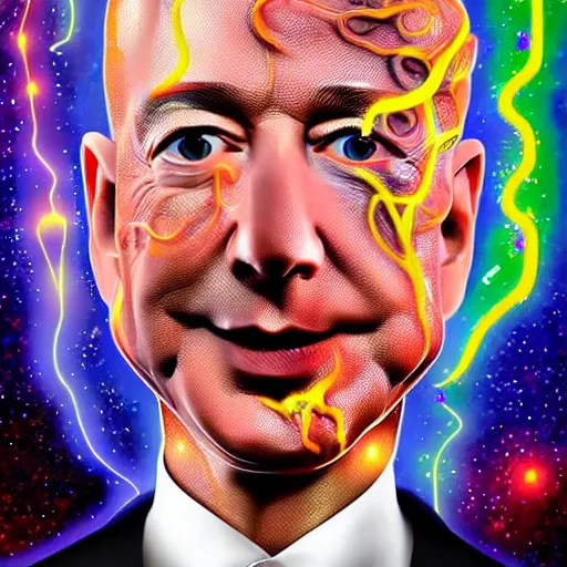 Image similar to Jeff Bezos as a terrifying cosmic horror with a thousand tentacles coming from his eyes and cracks in his head with a cosmic background. Epic digital art