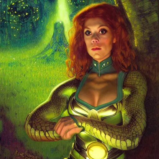 Prompt: a female snake in starfleet uniform at night in a dark forest. zootopia fursona furaffinity scaly art detailed face painting by gaston bussiere craig mullins jc leyendecker gustav klimt artgerm greg rutkowski furry