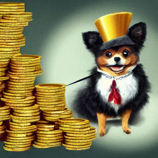 Prompt: A pomeranian wearing a top-hat and a monocle, sitting on top of a large pile of gold coins