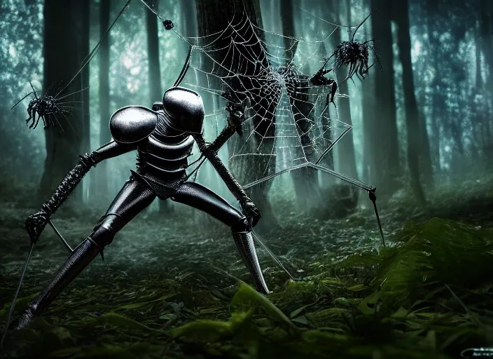 Image similar to knight fights off a crystal clear spider in a forest. highly detailed 8 k. intricate. lifelike. soft light. fantasy horror style. cinematic post - processing