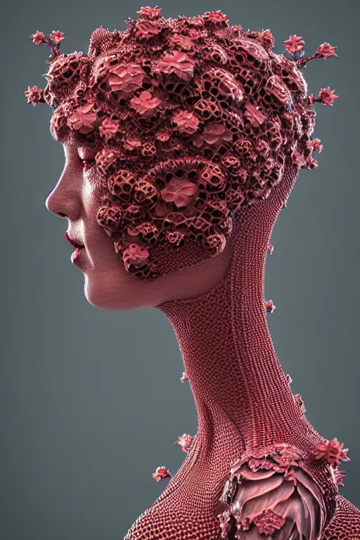 Image similar to complex 3 d render, hyper detailed ultrasharp beautiful biomechanical mandelbrot fractal filigree mesh wire female cyborg portrait with a porcelain profile face, elegant crown with big hydrangea foliage leaves stems roots, red lips, alexander mcqueen haute couture, art nouveau fashion, octane render, 8 k