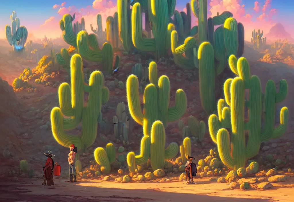 Image similar to a western ghost town with a chubby futuristic cactus in the foreground, intricate oil painting, high detail illustration, sharp high detail, manga and anime 1 9 9 9, official fanart behance hd artstation by jesper ejsing and makoto shinkai, 4 k,