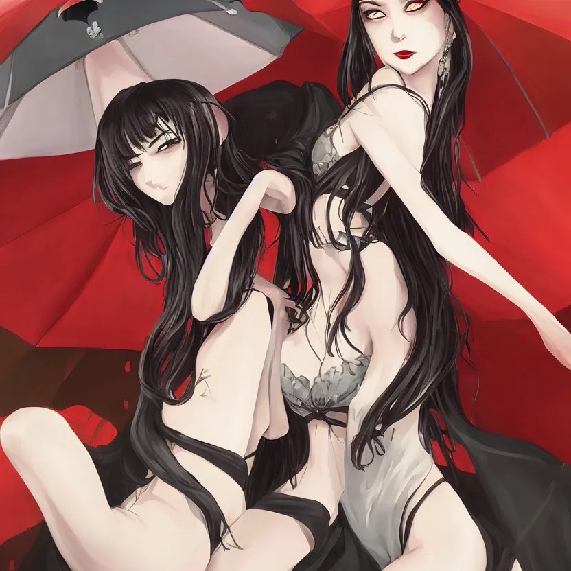 Prompt: portrait of a beautiful and grim vampire queen in the shade underneath a large beach umbrella, trending on pixiv