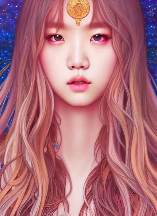 Image similar to lalisa manoban of blackpink, goddess of the moon, tarot card, highly detailed, digital painting, smooth, sharp focus, illustration, ultra realistic, 8 k, art by artgerm and alphonse mucha