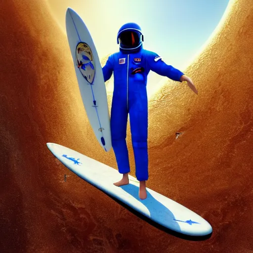 Prompt: a beautiful digital painting of an astronaut in a white and royal blue luxurious space suit surfing a tsunami on a chic surfboard at Pamukkale, thermal waters flowing down gold travertine terraces by greg rutkowski, award winning photo, trending on artstation, highly detailed, unreal engine, octane render