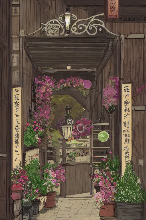 Prompt: a little flower shop's front gate, nostalgic, refreshing, digital illustration, pixiv