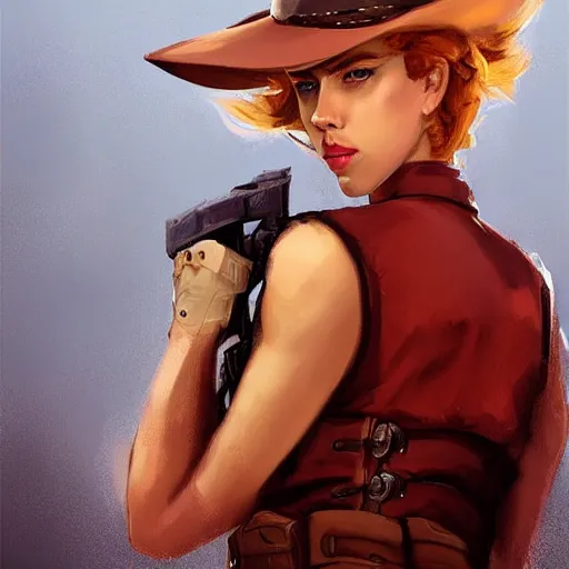 Prompt: portrait of scarlett johansson as a cowboy in wteam fortress 2 style, detailed face, dark fantasy art, fantasy, pretty, hd shot, digital portrait, beautiful, artstation, comic style, by artgerm, guy denning, jakub rozalski, magali villeneuve, neoartcore and charlie bowater