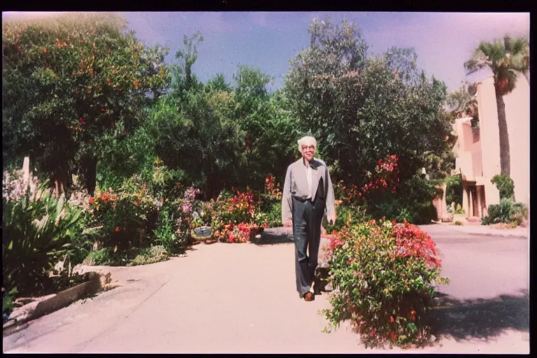 Prompt: a polaroid photo south of france 2001 by Elbridge Ayer Burbank flickr a handsome tall man walking down a sidewalk next to a garden photo taken with fujifilm superia garden gardens horticultural photo taken with ektachrome photo taken with provia