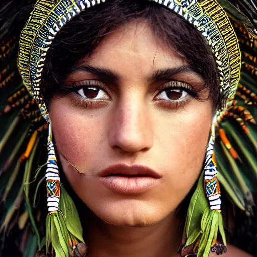 Image similar to vintage portrait of a stunningly beautiful aztec female, dark eyes, dark hair, olive skin, depth of field, zeiss lens, detailed, symmetrical, centered, fashion photoshoot, by edward s curtis, Annie Leibovitz and Steve McCurry, David Lazar, Jimmy Nelsson, Breathtaking, 8k resolution, extremely detailed, beautiful, establishing shot, artistic, hyperrealistic, beautiful face, octane render