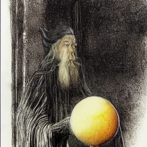 Prompt: Gandalf pondering his orb by Henry Gray and Alan Lee, Colourful