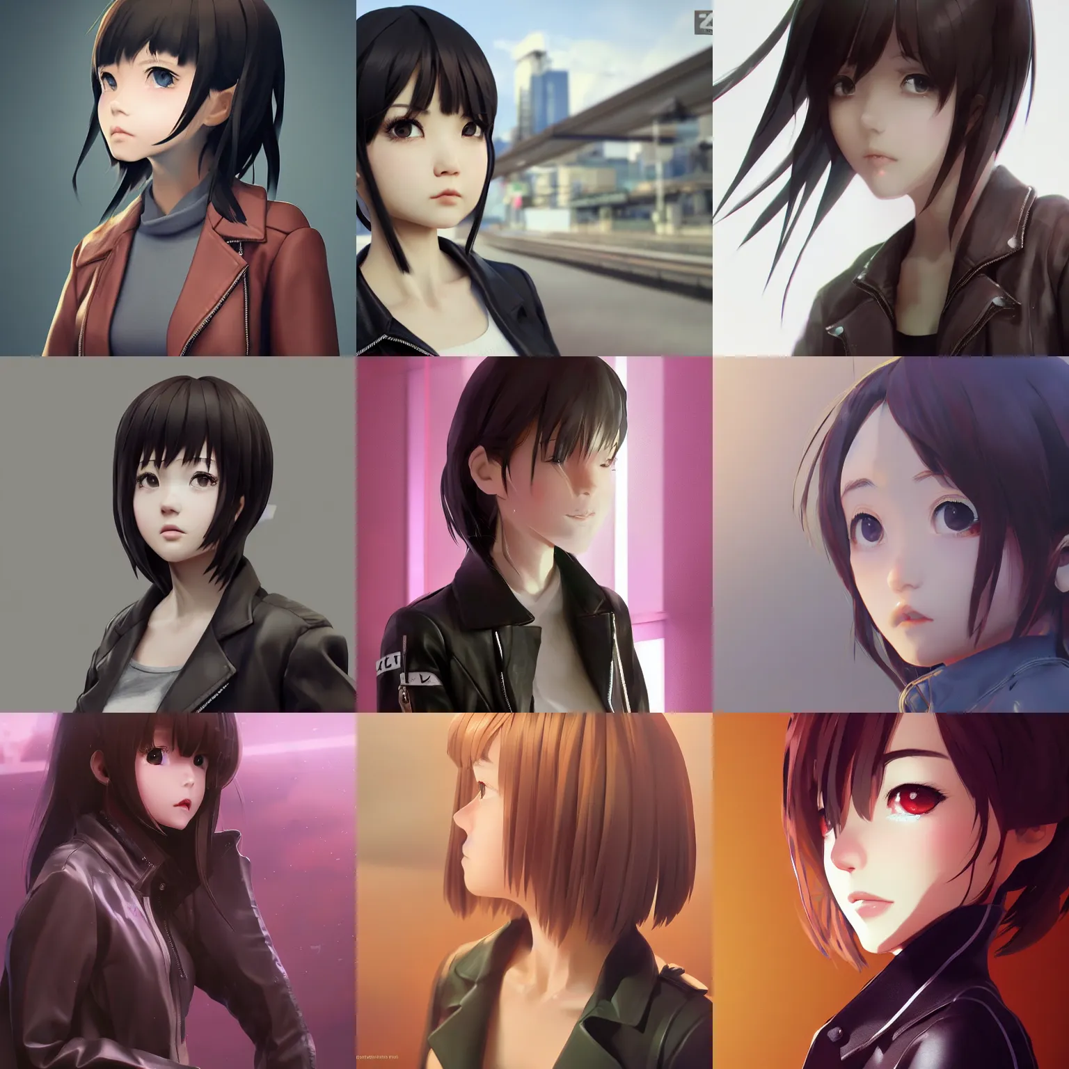 Prompt: clothed, worksafe. cgsociety, by wlop, ilya kuvshinov, krenz cushart, greg rutkowski, trending on artstation. zbrush sculpt, octane, maya, houdini, vfx. close - up face of a cute anime japanese filipino girl wearing leather jacket. cinematic dramatic atmosphere, sharp focus, volumetric lighting.