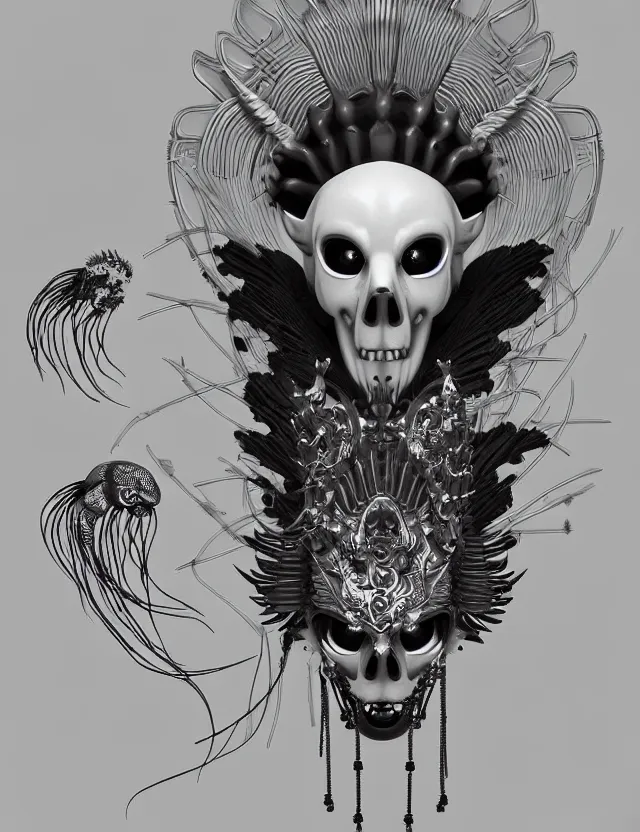 Image similar to 3 d goddess close - up profile simple portrait punk skull with mohawk with ram skull. beautiful intricately detailed japanese crow kitsune mask and clasical japanese kimono. betta fish, jellyfish phoenix, bio luminescent, plasma, ice, water, wind, creature, artwork by tooth wu and wlop and beeple and greg rutkowski