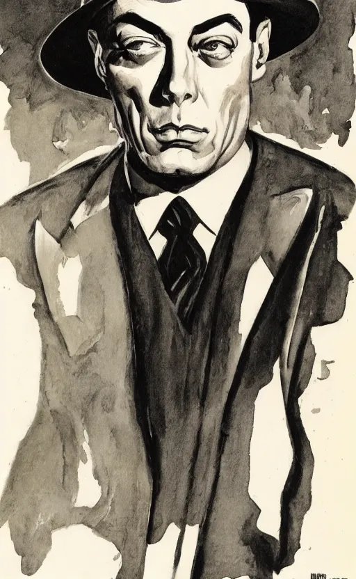 Image similar to buster keaton portrait drawn by john buscema, face and upper body focus, thin yet muscular acrobat, soft shading, watercolors, marvel comics high quality scan