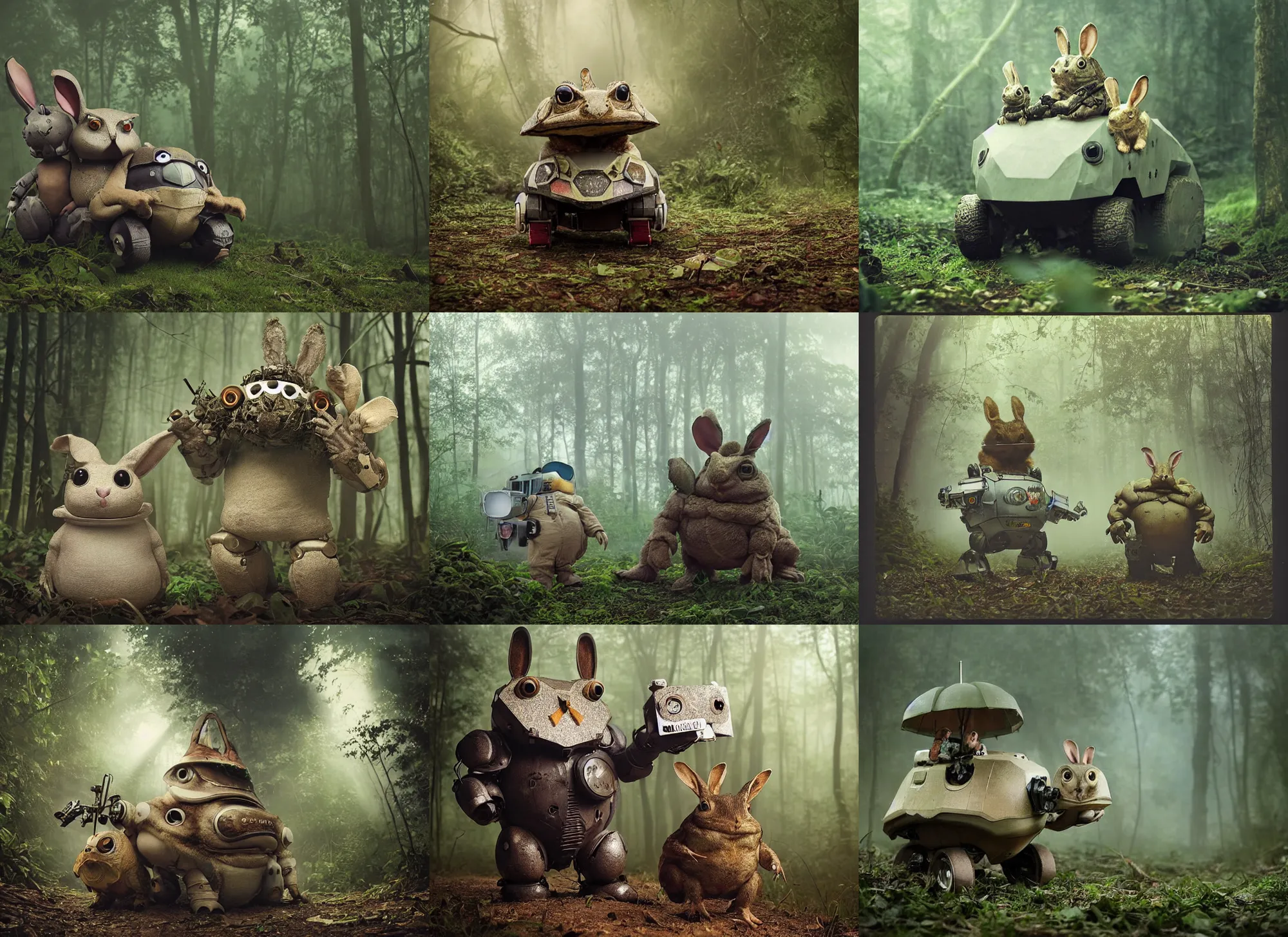 Prompt: oversized battle toad animal robot chubby fatmech trailer wheels vehicle with big ears with rabbit and owl sitting inside, in jungle forest peak, full body, nighttime, cinematic focus, polaroid photo, vintage, neutral dull colors, soft lights, foggy, overcast by oleg oprisco, by thomas peschak, by discovery channel, by victor enrich, by gregory crewdson