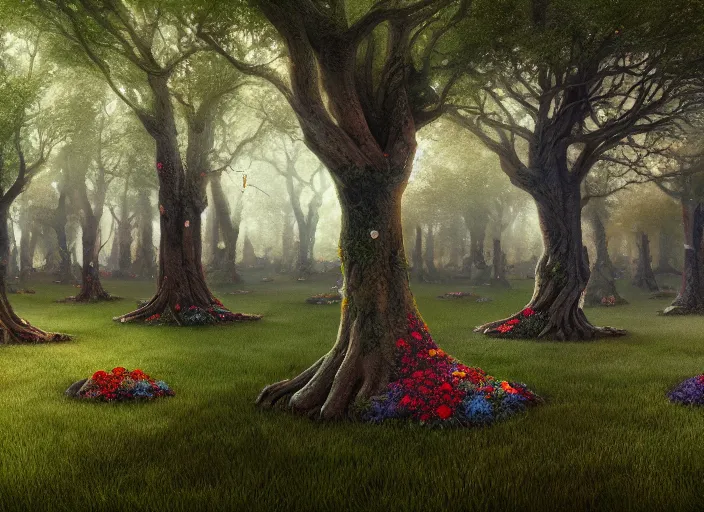 Prompt: A memorial grove of trees dedicated to missing people, plaques, solemn, flowers game art matte painting hyperdetailed, artstation, cgsociety, 8k, surreal dream landscape